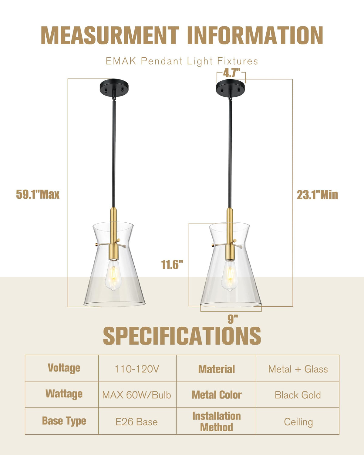 Black and Gold Pendant Light Fixtures (Black & Brushed Gold)