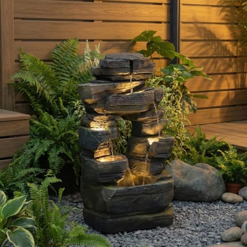 6 Tier Cascading Rock Water Fountain Outdoor Garden Waterfall Decor for Garden