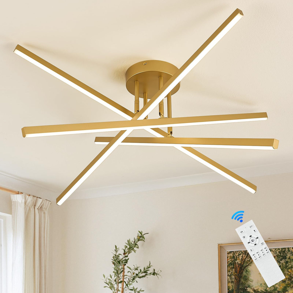 Gold Semi flush Mount Ceiling Light 31.5" LED Chandelier for Living Room (Gold-A / 4 Lights - Remote Control - 31.5")