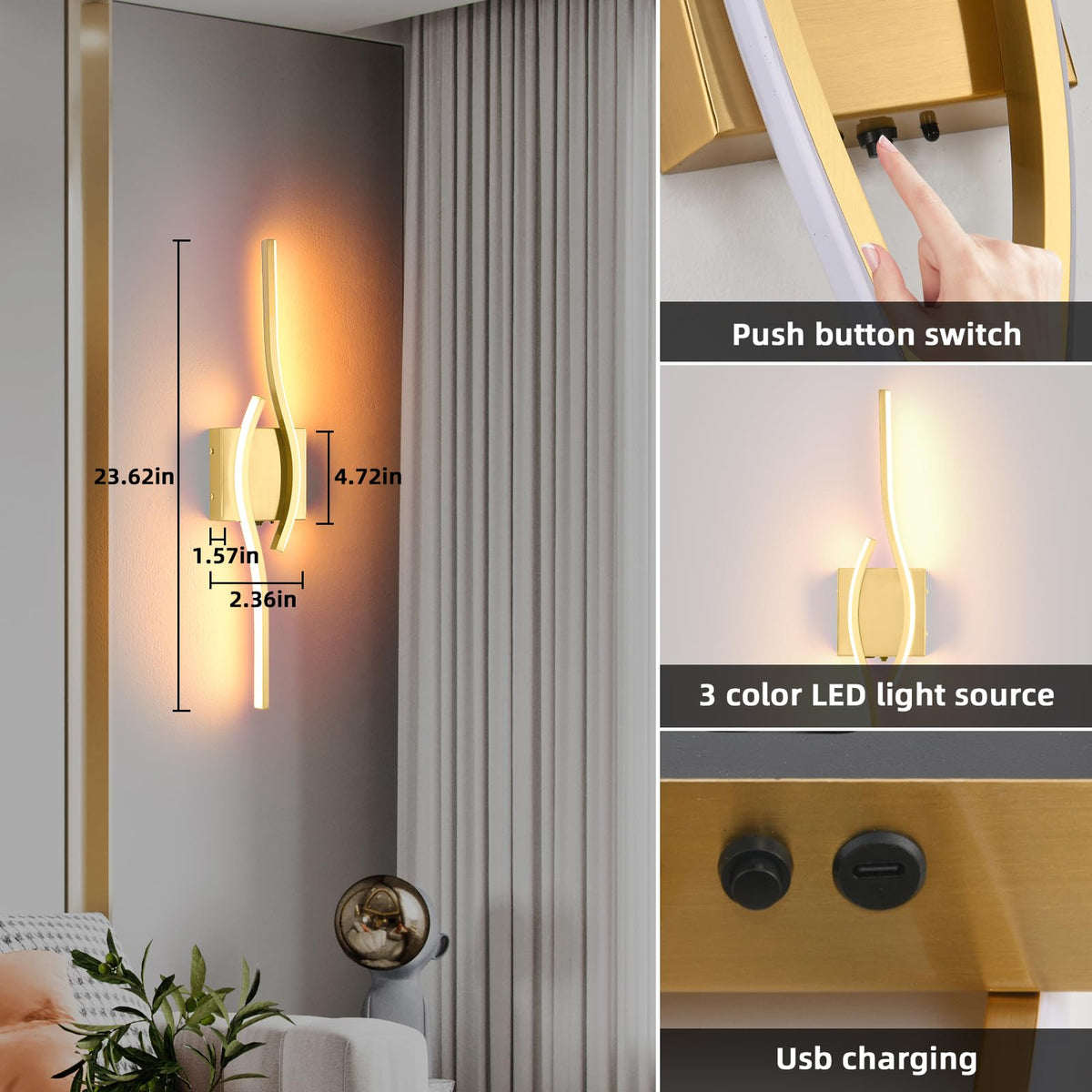 Battery Powered Wall Sconces Set of 2 (Gold / 23.6 inch)