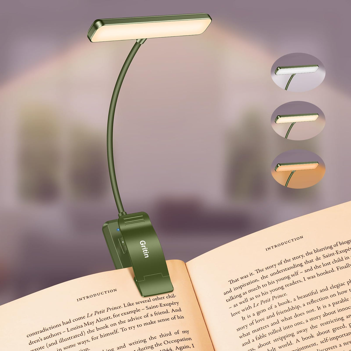 19 LED Rechargeable Book Light for Reading in Bed (Dark Green)