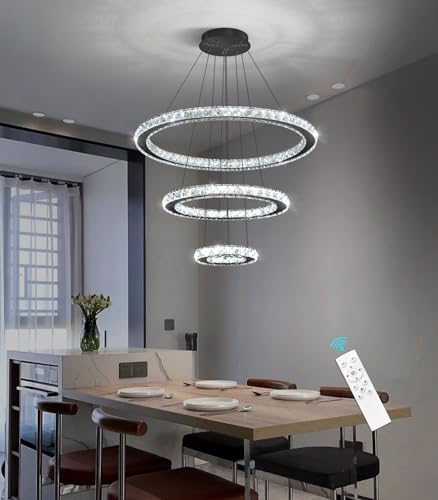 Modern Ring Crystal Chandelier Remote Dimmable LED Ceiling Light Fixtures Stainless Steel Pendant Lighting for Living Room Dining Room Bedroom