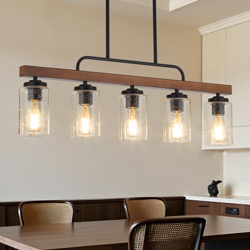 5 Light Wood Dining Room Light (Seeded Glass / 5-Light)