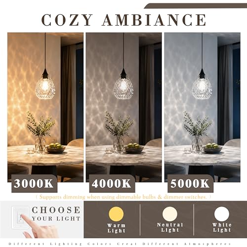 Black Glass Pendant Lights Kitchen Island 8" Pendant Light Hammered Clear Glass 3 Pack Height Adjustable Modern Hanging Pendant Lights for Dining Room Bedroom Hallway Sink Bulbs Incl (Black, 3 PK / 8 Inch)