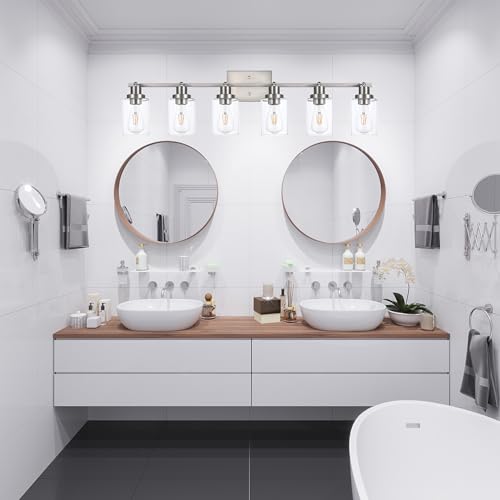 6 Light Track Lighting Kit Brushed Nickel Kitchen Track Lighting Fixtures Ceiling Mount Bathroom Vanity Wall Scones Light Fixture with Clear Glass (Brushed Nickel / 6-Light)
