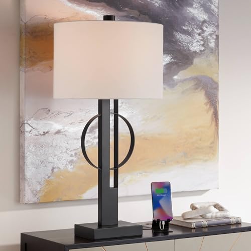 Galaxy 32" Large Table Lamp Black Geometric Base Dual USB Sculptural