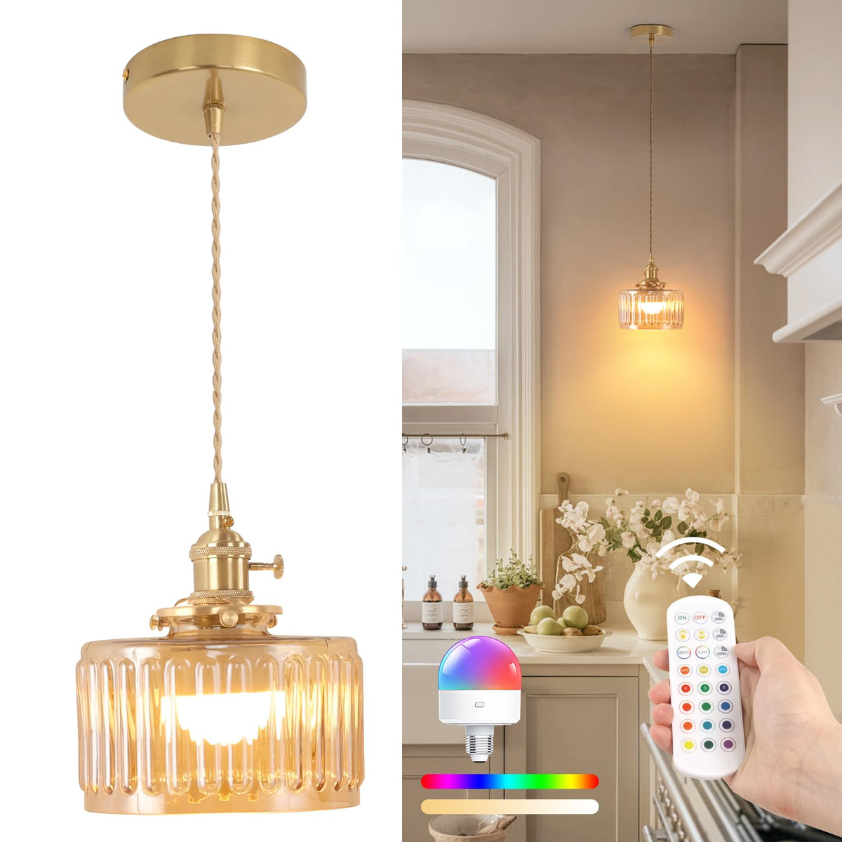 Battery Operated Pendant Light 5000mAh Rechargeable Chandelier with Remote Control Wireless Adjustable Hanging Amber Striped Light for Kitchen Island Dining Room Hallway (Z-Striped Amber new)