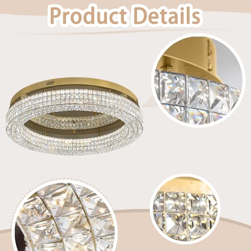 32'' Modern Chandeliers for Living Room Crystal Chandelier Flush Mount Ceiling Light Fixture for Dining Room Living Room Bedroom Dimmable 2700 (Gold / Dia 32inch)