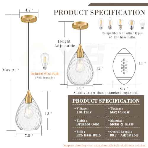 Gold Glass Pendant Lights Kitchen Island 8" Pendant Light Fixtures Hammered Clear Glass Height Adjustable Modern Hanging Pendant Lights for Dining Room Bedroom Hallway Sink Bulb Incl (Gold, 1 PK / 8 Inch)