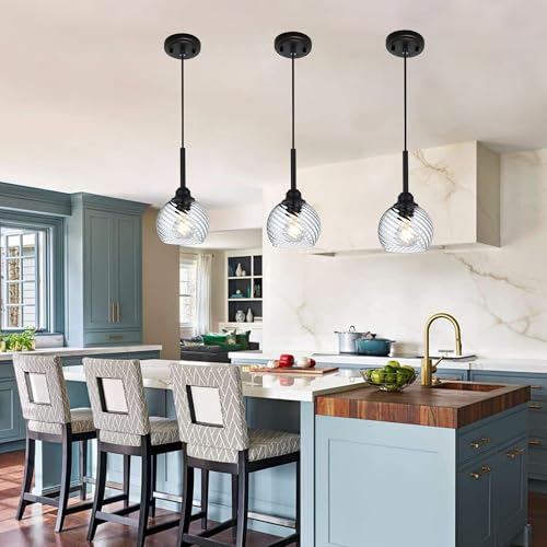 3 Pack Dining Room Light Fixtures Hanging with Clear Striped Swirl Globe Glass (Transparent / 1-Light-3 Packs)