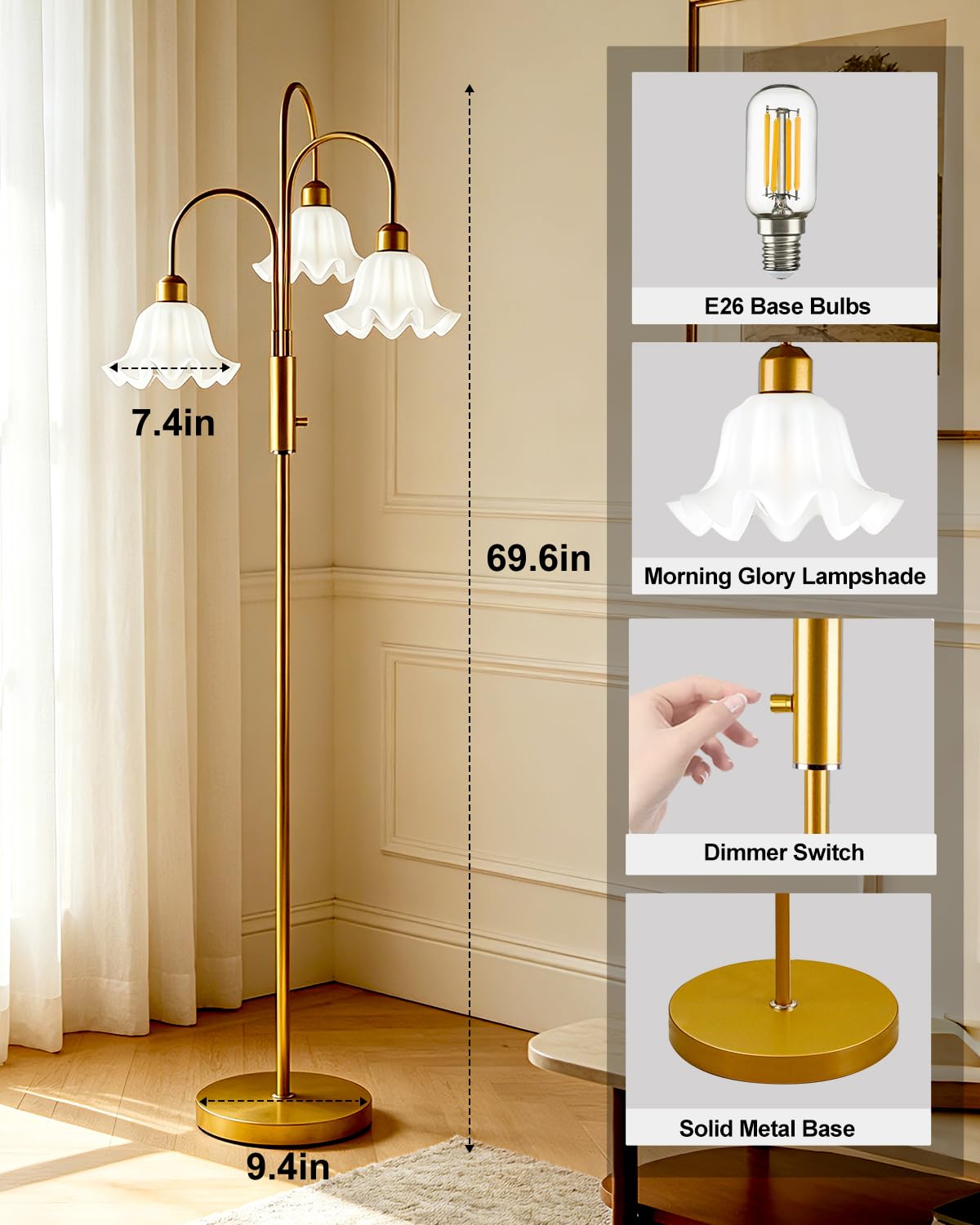 70IN Flower Floor Lamp for Living Room (Gold-3)