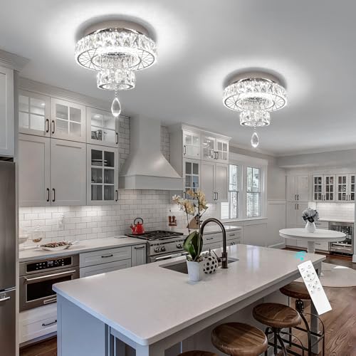 Modern Glam Ceiling Chandelier Bedroom Light Fixtures Crystal Flat Sloping Ceiling Lights for Hallway Kitchen Dining Room Dimmable Light with Remote Silver (12 inch / Silver)