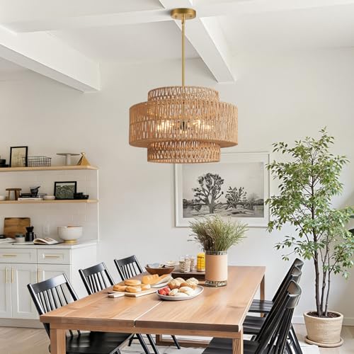 19" Boho Rattan Chandelier for Dining Room Light Fixture (Country / 5-Light)