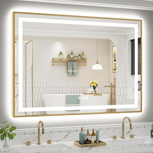 55x40 Inch LED Bathroom Mirror with Gold Frame (Backlit+front Lit With Gold Frame / 55"L x 40"W)