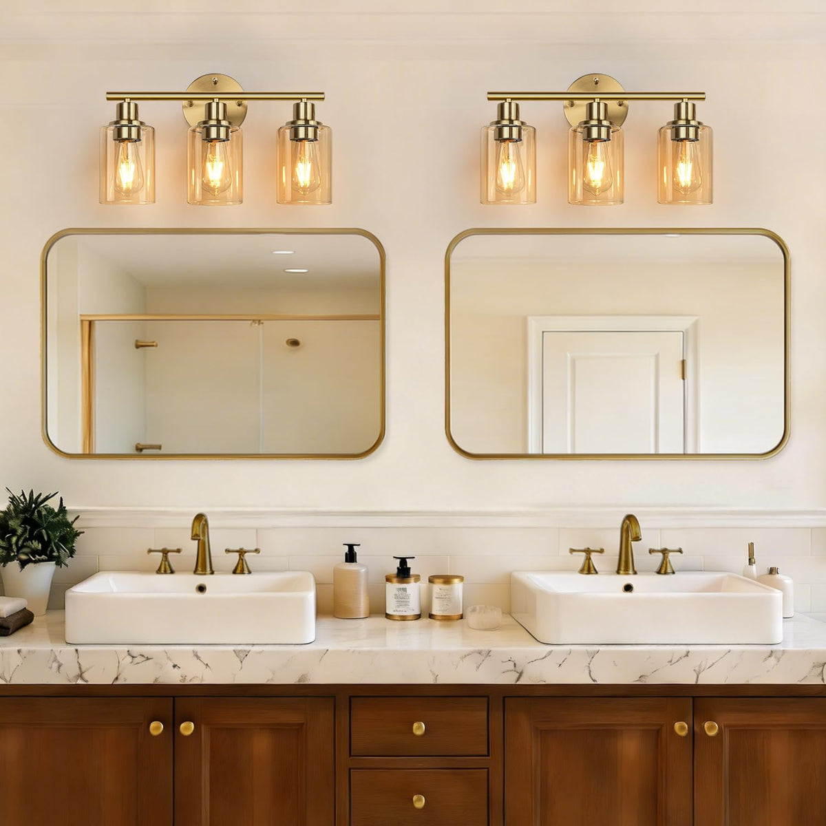 3 Light Bathroom Light Fixtures (Brushed Gold & Amber Glass / 3-light)