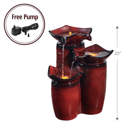 3 Tiered Floor Water Glazed Pots Fountain with LED Lights and Pump for Outdoor Patio Garden Backyard Decking Décor (Gradient Red)