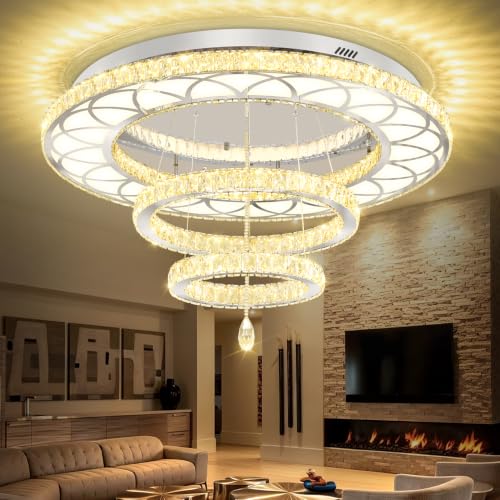 W40 Crystal Chandelier for Living Room Modern Flush Mount Chandelier Large Chandelier for Foyer Dining Room Hallway Dimmable 2700k 4500k 6000k (Silver / W:40inches)