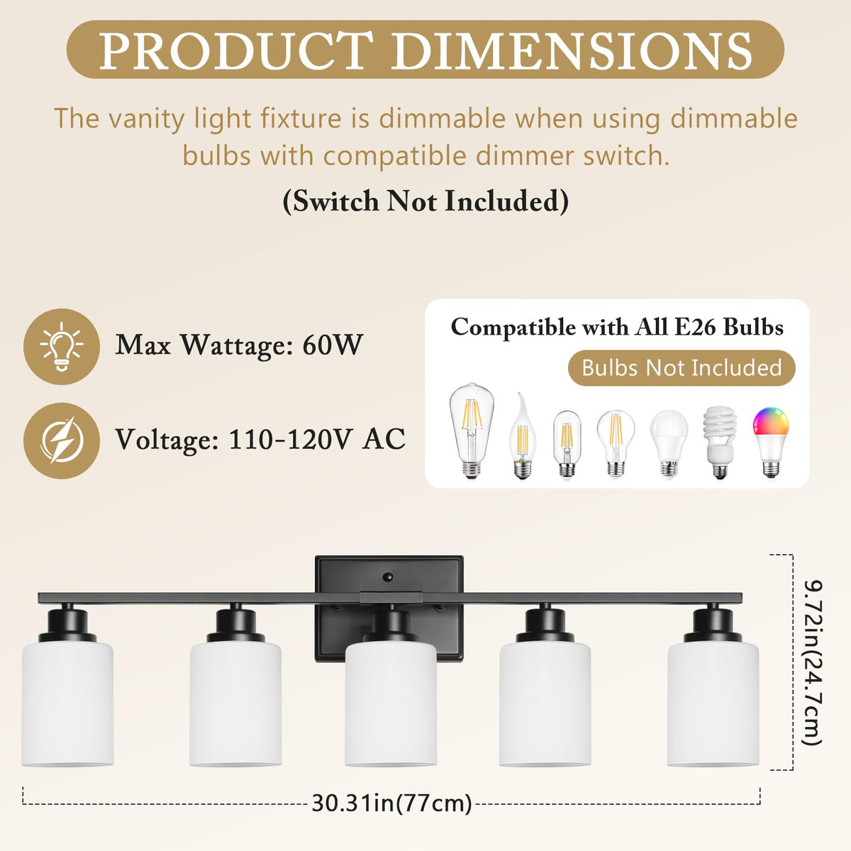 5 Light Bathroom Light Fixtures (Brushed Black / 5 Light-30.3")