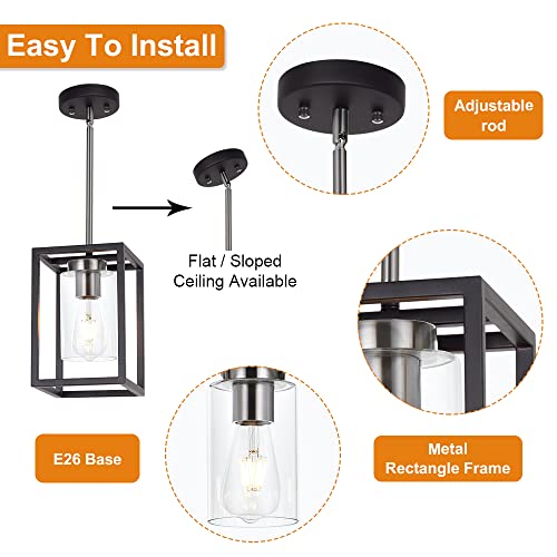 Single 1 Light Black and Brushed Nickel Modern Glass Pendant Light Industrial Modern Metal Chandelier with Clear Glass Shade for Dining Room Kitchen Island Foyer Cafe (Black and Brushed Nickel / 1 Light)