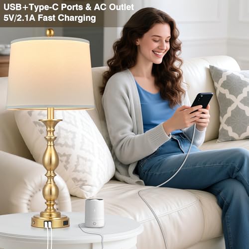 28" Tall Modern Table Lamps Set of 2 with USB A+C Ports and AC Outlet (Gold-2 Pack)