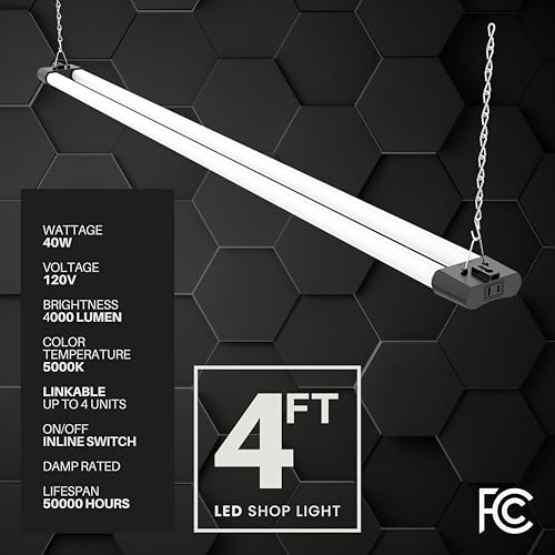 4FT 40W LED Shop Light with Inline Switch Dual Tube Lightweight Daylight White 5000K Surface or Suspension Mount for Garage Workshop Basement