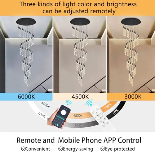 16 Foot Chandeliers for Living Room Entryway High Ceiling Light Fixtures Sloped Flush Mount Ceiling Pendant Lighting Dimmable Chandelier with Remote LED Crystal Pendants Lighting Black Light (36 lights / Black)