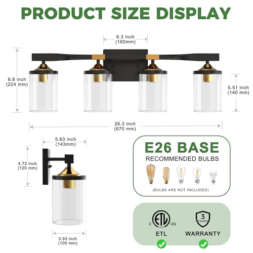 Bathroom Vanity Light Over Mirror (Black and Gold & Clear / 4-Light)