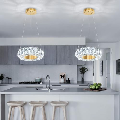 8" Ring Modern LED Dimmable Crystal Chandelier Adjustable Height Pendant Light Round Crystal Chandelier Light Fixtures for Dining Room Living Room Kitchen Island Gold (Gold / 1 Ring Round 8")
