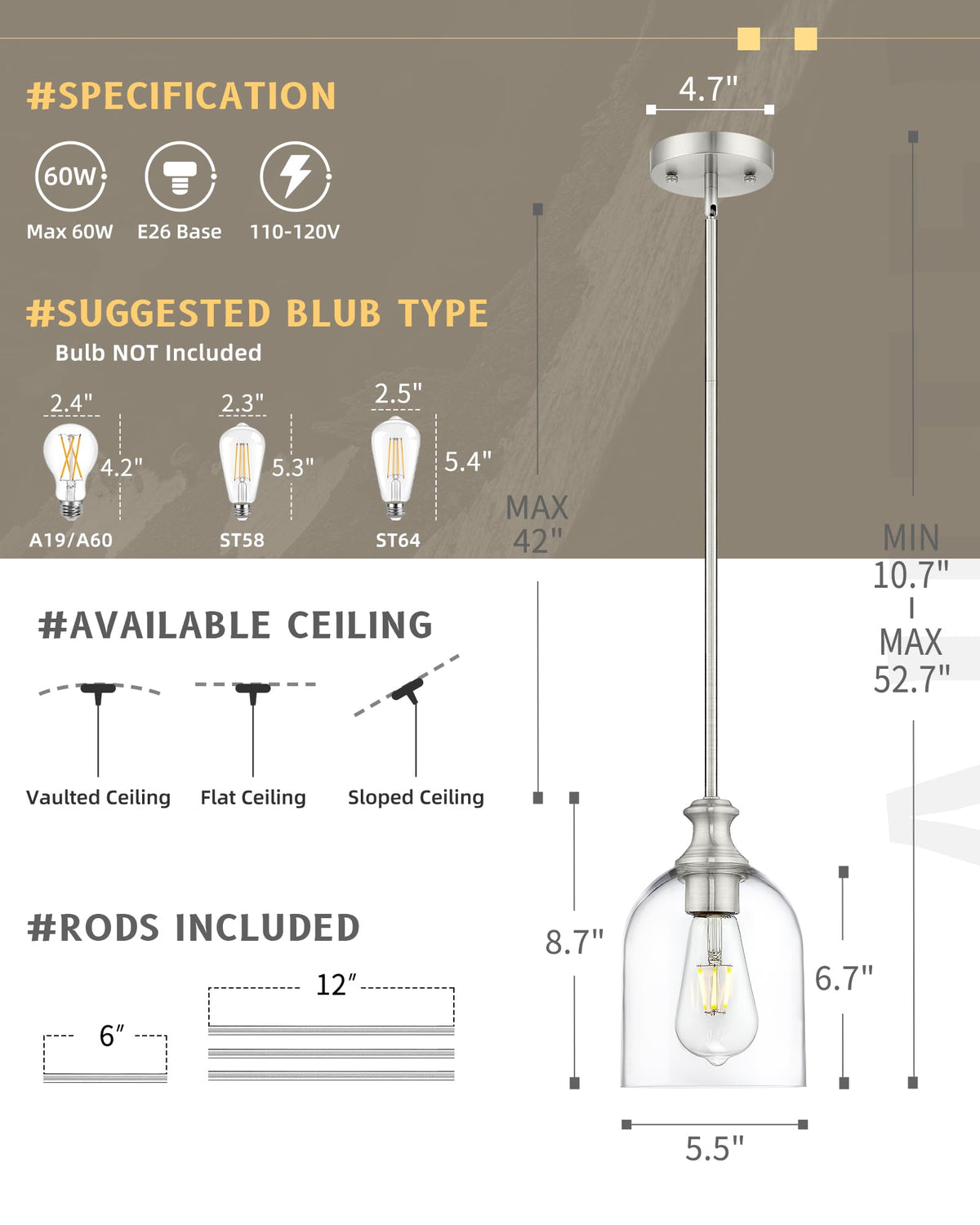 2 Pack Brushed Nickel Pendant Lights Kitchen Island Cylinder Glass (2 Pack-Brushed Nickel+Clear Glass(Easy to install))