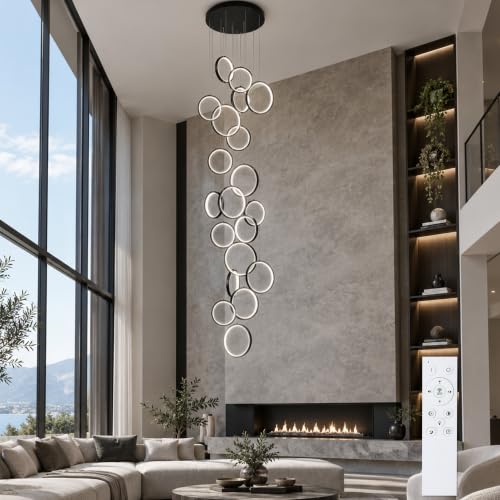 Modern 20 Ring Black LED Chandelier for High Ceilings (Black/20-Lights(circle,dimmable))