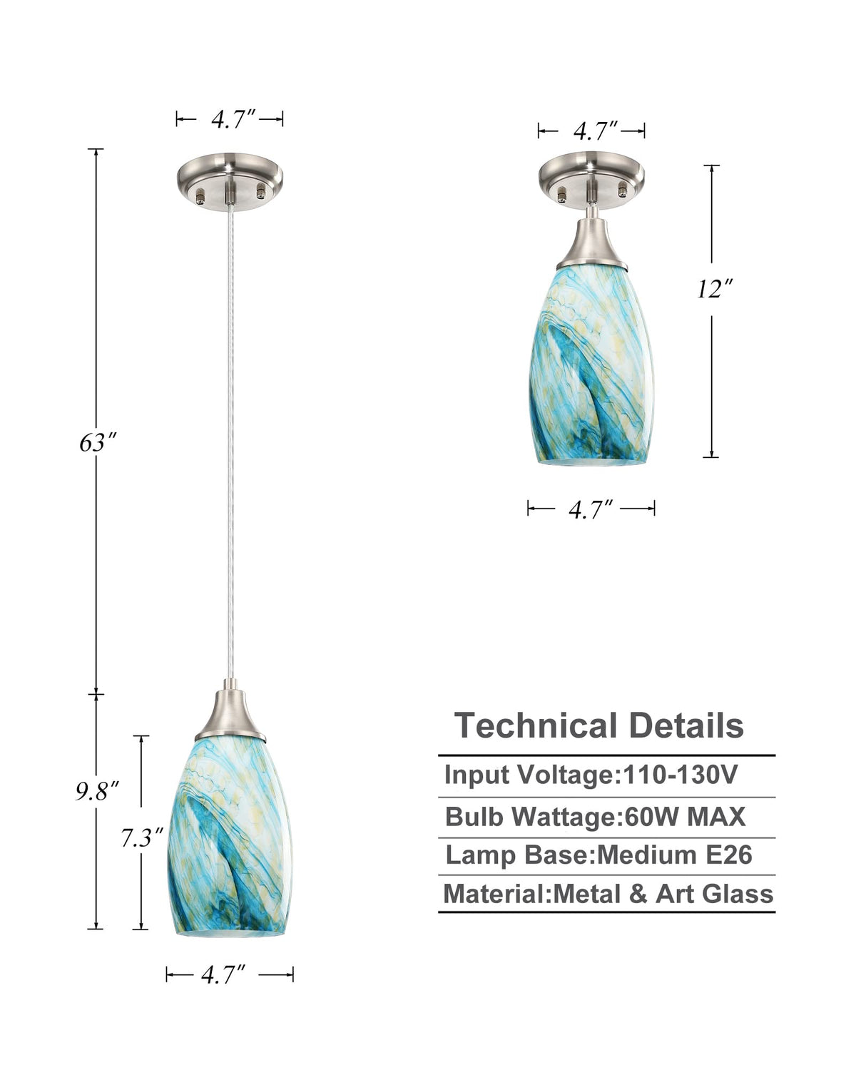 Art Glass Mini Pendant Lights for Kitchen Island Blown Art Glass Pendant Light Shade hanging ceiling lights with Brushed Nickel Finish for Kitchen Counter bar (Blue Mixing Yellow-1Pack)