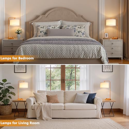 Wood Paint Bedside Lamps Set of 2 (E-Beige Shade & Wood Paint Base)