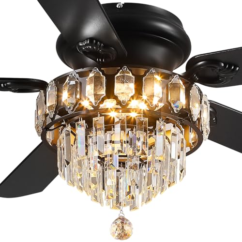 52" Low Profile Crystal Ceiling Fans with LED Lights and Remote (Black-52IN-8337)