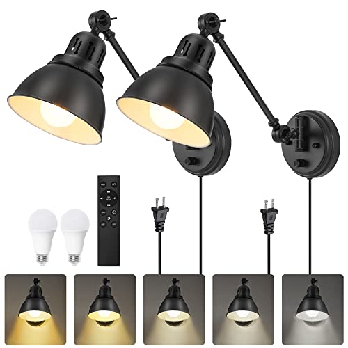 Plug in Wall Sconces Set of Two with Remote (Black-2 PACK(Bulbs+Remote))