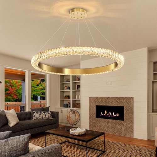 31.5" 1 Ring Crystal Chandelier Modern LED Dimmable Ring Pendant Light Chandelier for Dining Room Living Room Gold (Gold / 1 Ring Round 32")