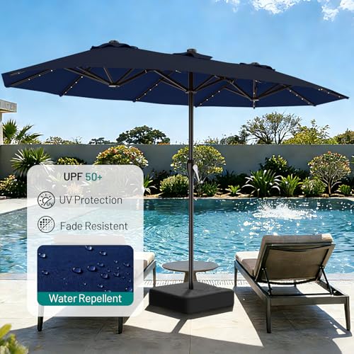 15FT Patio Umbrella with Solar Lights (Navy / 9x15 Ft)