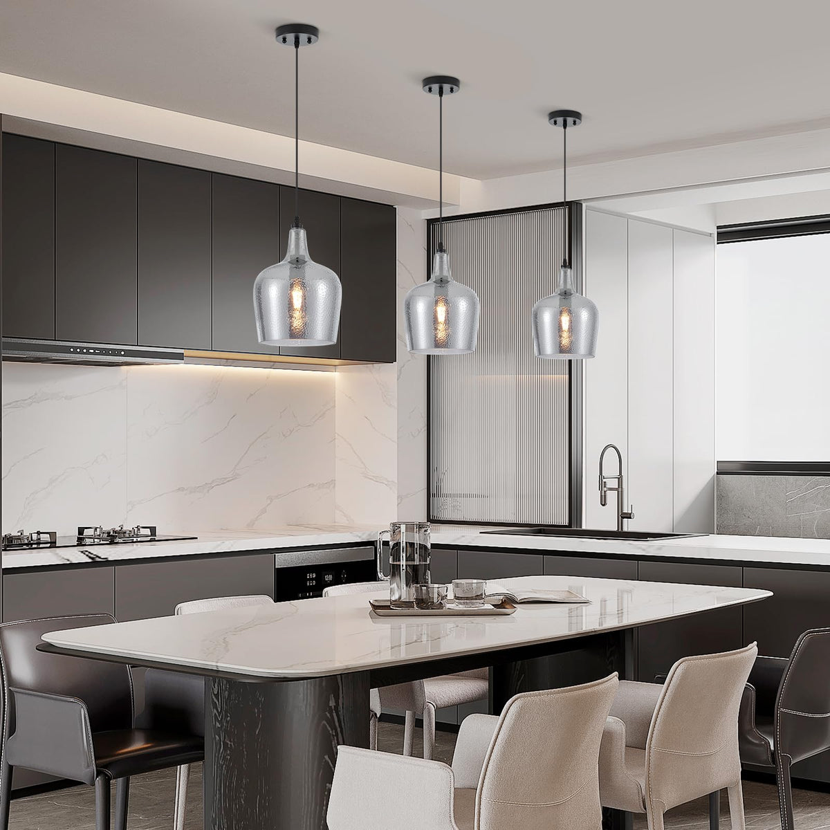 10” Large Hammered Glass Pendant Light Modern Smoky Black Dome Pendant Lighting Fixtures for Kitchen Island Dining Room Hallway (Smoky Black-Hammered)