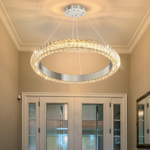 24" Ring Modern LED Dimmable Crystal Chandelier Adjustable Height Pendant Light Round Crystal Chandelier Light Fixtures for Dining Room Living Room Kitchen Island Silver (Silver / 1 Ring Round 24")