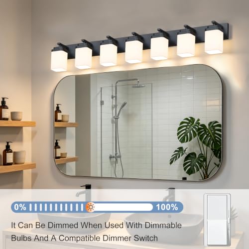 Matte Black Bathroom Light Fixtures (Black, Milky Shade / 7-Light, 52-inch)