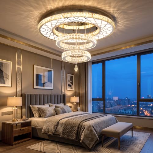 Crystal Glam Chandelier LED Ceiling Light Dining Bedroom Interior Lighting Fixtures Remote Dimmable Ceiling Chandeliers 24 Inches Silver Light (24 inch / Silver)