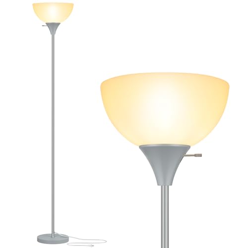 Floor Lamp LED Standing Lamps with White Plastic Shade (Silver Grey)