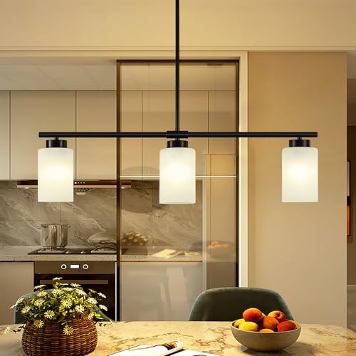 31" Kitchen Island Lighting 3 Light Black Pendant Light for Kitchen Island with Milk Glass Shade Modern Linear Chandelier Adjustable Hanging Farmhouse Light Fixtures Over Dining Table Living Room (Black / 3-light)