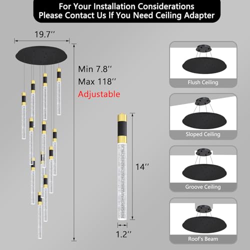 118inch 12 Lights Modern Chandeliers for Living Room LED Dimmbale Light Fixture Entryway High Ceiling Light Pendants Lighting for Dining Room Hallway Staircase with Remote Dimming Chandelier (12 lights Cylindrical)