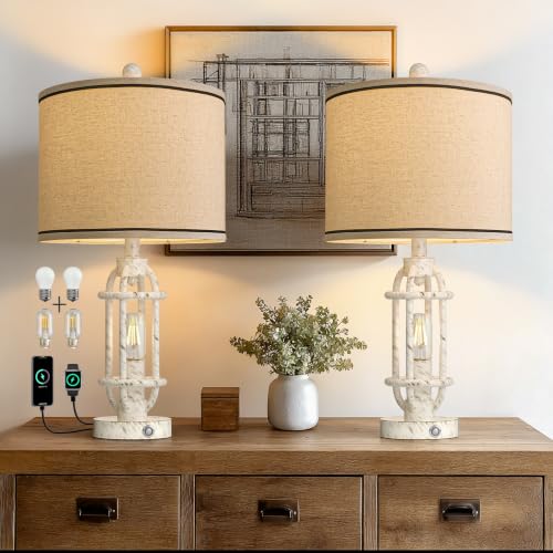 23.75'' Table Lamps Set of 2 for Living Room Bedroom Industrial Farmhouse Metal Touch Lamps with USB A+C Ports (23.75'' White - Set of 2)