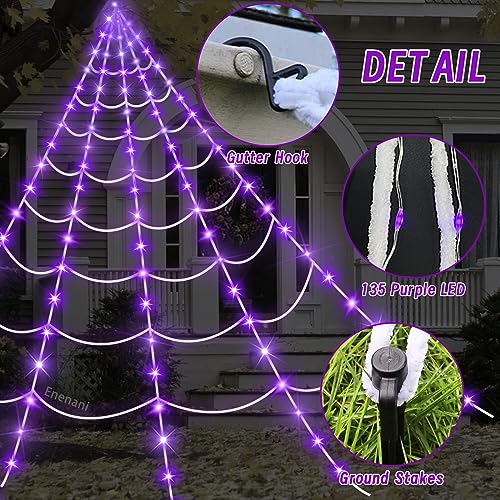 Spider Web Lights Halloween Decorations Outdoor 16.4FT Giant Spiderweb Lighted Decor 135 Purple LED Light Up Outside House Yard Garden Porch Tree Party Large Huge Big Fake Triangular Cobweb Decorative (White web, Purple lights)