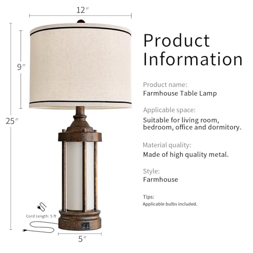25'' Table Lamps Set of 2 for Living Room Bedroom Farmhouse Metal Lamps with 2 USB Ports (Antique Bronze)
