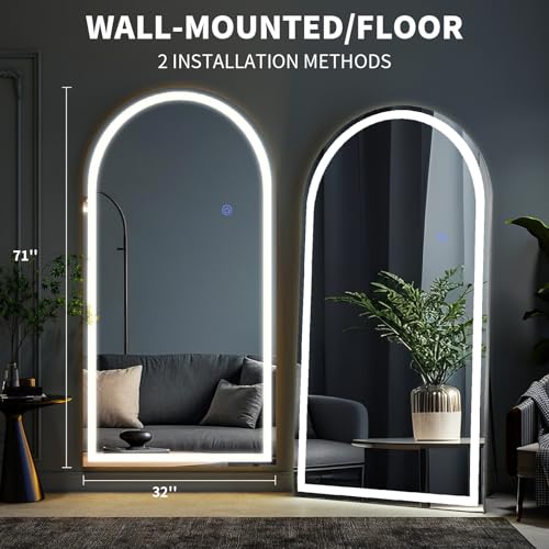 71"x32" Large LED Arched Mirror Full Length with Dimmable Lights (White / 71"L x 32"W)