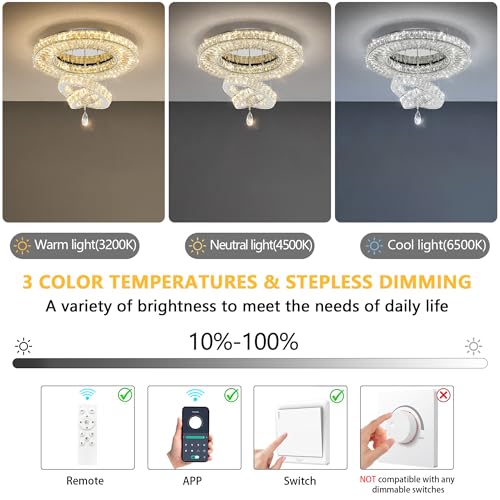 Modern Chandelier for Living Room Light Indoor LED Dimmable Lights Ceiling Chandeliers for Dining Room Bedroom Entryway Silver 45W LEDs Fixtures 3600 Lumens (Silver / W24")