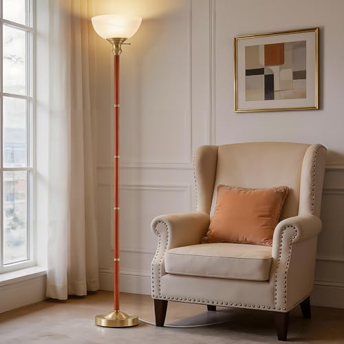 72" Wood Torchiere Floor Lamp with Glass Shade Gold Standing Lamp (Gold)