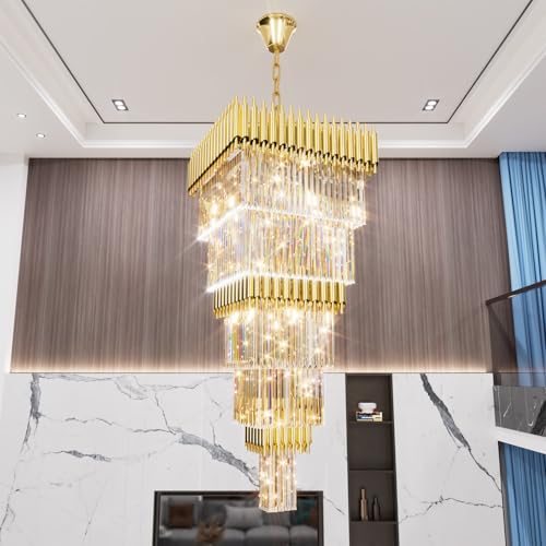 Modern Gold Crystal Staircase Chandelier Large Foyer Chandelier for High Ceiling Long Entryway Chandeliers Adjustable Chain for Hall Living Room Entrance W24 x H80 17 Lights (D24"XH80" Gold)